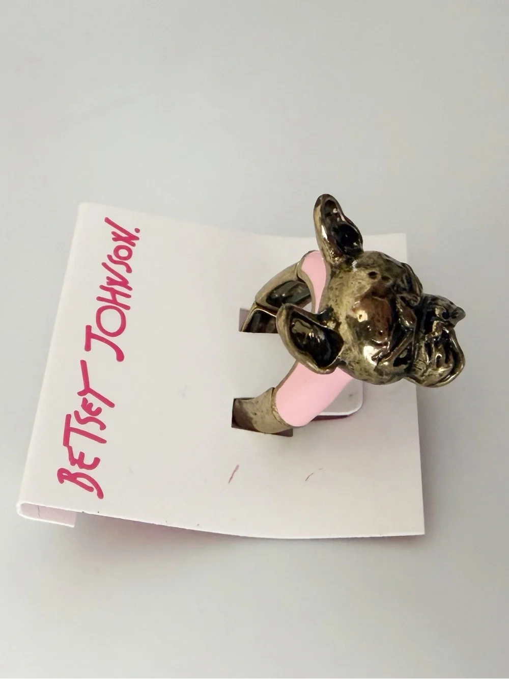 Betsey Johnson Frenchie Bulldog Gold Tone Pink Stretchy Ring NWT